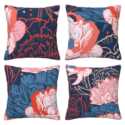 HOSTECCO Peony Floral Throw Pillow Covers 18x18 inch Set of 4 Chinoiserie Decorative Cushion Covers for Sofa Couch