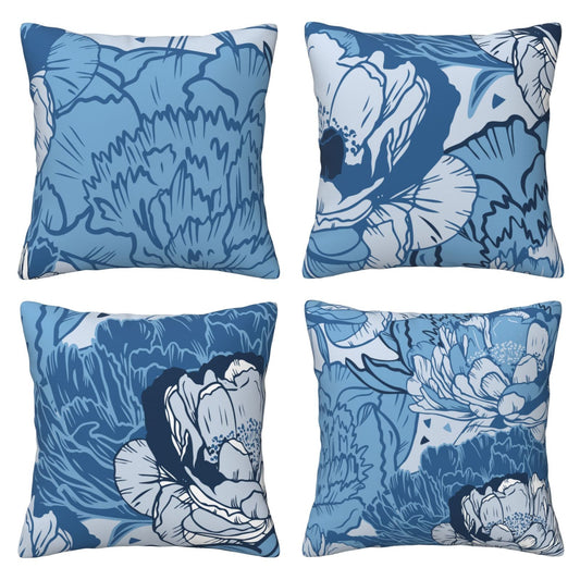 HOSTECCO Peony Floral Throw Pillow Covers 18x18 inch Set of 4 Chinoiserie Decorative Cushion Covers for Sofa Couch