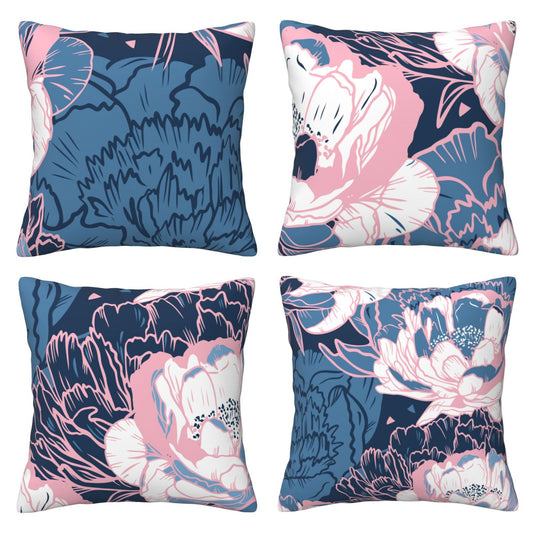 HOSTECCO Peony Floral Throw Pillow Covers 18x18 inch Set of 4 Chinoiserie Decorative Cushion Covers for Sofa Couch