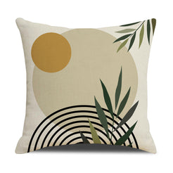 Linen-look polyester pillow cover with black rainbow arches and green leaves, shown on white
