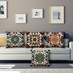 linen-look polyester pillow covers with colorful Mexican floral medallion prints, styled on a gray sofa
