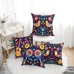short-pile plush polyester pillow covers with colorful bird, guitar and floral folk-art prints, arranged beside a white chair