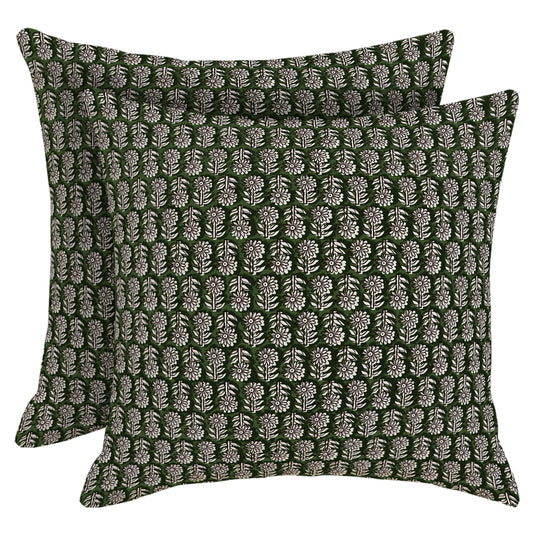 DHSFL-S2, HOSTECCO Block Print Throw Pillow Covers 18x18 inch Set of 2 Vintage Floral Dark Green Pillow Cases Neutral Farmhouse Decorative Cushion Covers for Sofa Couch