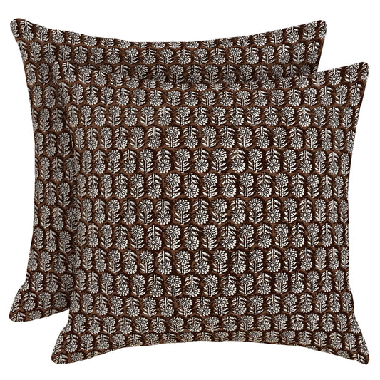 DHSFL-S4, HOSTECCO Block Print Throw Pillow Covers 18x18 inch Set of 2 Vintage Floral Brown Pillow Cases Neutral Farmhouse Decorative Cushion Covers for Sofa Couch