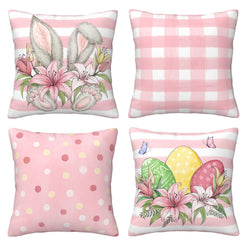 Set of four pink short-pile plush Easter pillow covers with bunnies, plaid, dots and eggs