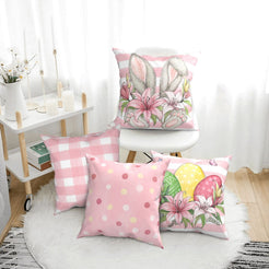 Pink Easter pillow covers with bunnies, plaid, dots and eggs, styled in a bright room