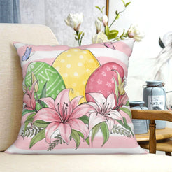 Pink Easter egg and lily short-pile plush pillow cover styled on a chair