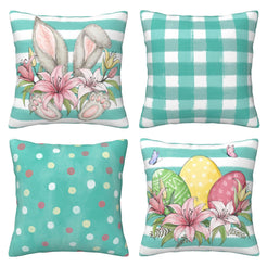 Set of four teal short-pile plush Easter pillow covers with bunnies, plaid, dots and eggs