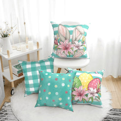 Teal Easter pillow covers with bunnies, plaid, dots and eggs, styled in a bright room
