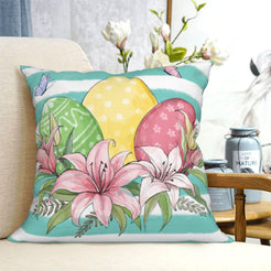 Teal Easter egg and lily short-pile plush pillow cover styled on a chair
