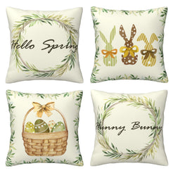 Set of four cream short-pile plush Easter pillow covers with spring wreaths, bunnies and eggs