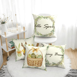Cream Easter pillow covers with spring wreaths, bunnies and eggs, styled in a bright room