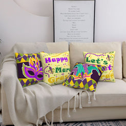 short-pile plush polyester pillow covers with colorful Mardi Gras masks and party lettering, styled on a cream sofa