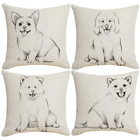 DHSML-S2，HOSTECCO Dog Throw Pillow Covers 18x18 inch Set of 4 Animal Painting Pillow Cases for Sofa Couch