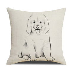 Linen-look polyester pillow cover with golden retriever puppy in minimal black line art, shown on white
