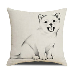 Linen-look polyester pillow cover with smiling Shiba Inu in minimal black line art, shown on white