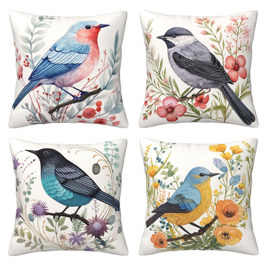 HOSTECCO Bird Floral Throw Pillow Covers 18x18 inch Set of 4 Vintage Flower Pillowcases Farmhouse Decorative Cushion Covers for Sofa Couch, DHSMP-S2