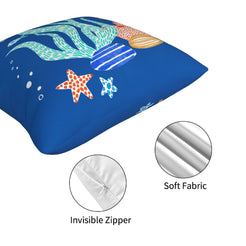Hidden zipper and fabric close-up of short-pile plush polyester pillow cover with blue coral, shells and starfish print