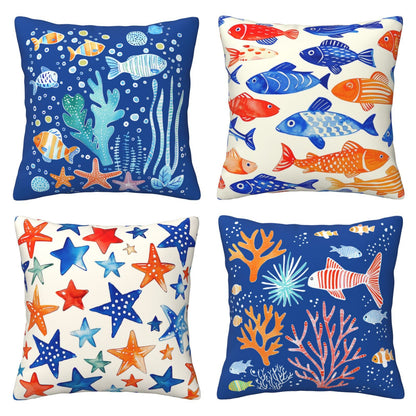 DHSMP-S4，HOSTECCO Coastal Throw Pillow Covers 18x18 inch Set of 4 Sea Fish Pillow Cases for Sofa Couch Living Room