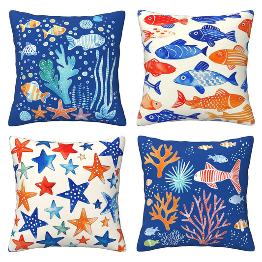 DHSMP-S4，HOSTECCO Coastal Throw Pillow Covers 18x18 inch Set of 4 Sea Fish Pillow Cases for Sofa Couch Living Room