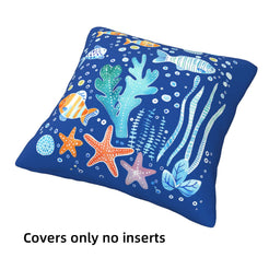 short-pile plush polyester pillow cover with colorful fish, coral and starfish on blue, shown at an angle on white