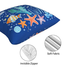 Hidden zipper and fabric close-up on short-pile plush polyester pillow cover with colorful fish, coral and starfish on blue
