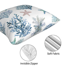 Hidden zipper and fabric close-up of short-pile plush polyester pillow cover with blue coral and pastel starfish print