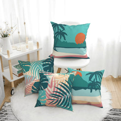 Summer short-pile plush pillow covers with teal tropical leaves and sunset scenes, styled in a bright room