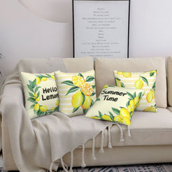 Short-pile plush pillow cover with lemons, leaves and summer quotes, shown without an insert