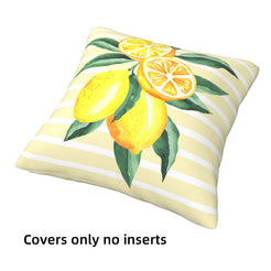 Summer short-pile plush pillow covers with lemons, leaves and summer quotes, styled on a floor cushion