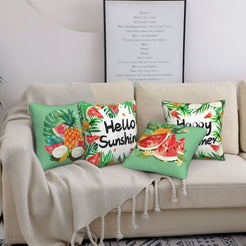 Summer short-pile plush pillow covers with tropical fruit and summer quotes, styled on a sofa
