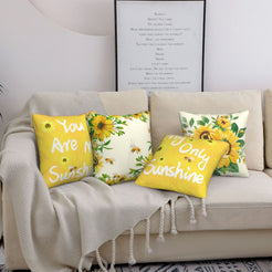 Summer short-pile plush pillow covers with sunflowers and sunshine quotes, styled on a sofa
