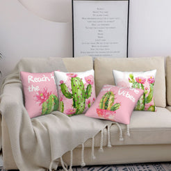 Summer short-pile plush pillow covers with pink cactus illustrations and summer quotes, styled on a sofa