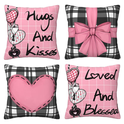 DHSVP，HOSTECCO Valentine's Day Throw Pillow Covers 18x18 inch Set of 4 Pink Heart Bowknot Pillow Cases for Sofa Couch