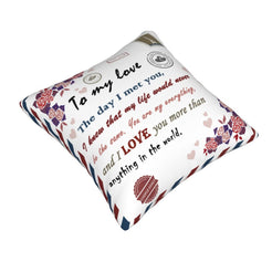 Angled view of a Valentine short-pile plush pillow cover with romantic lifetime message