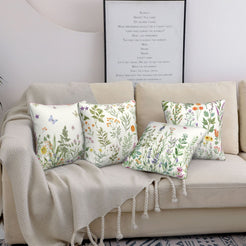 short-pile plush polyester pillow covers with delicate wildflowers and butterflies, styled on a cream sofa