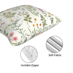 Hidden zipper and fabric close-up on short-pile plush polyester pillow cover with green herbs and colorful wildflowers