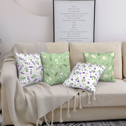 short-pile plush polyester pillow covers with white daisies and purple lavender prints, styled on a cream sofa