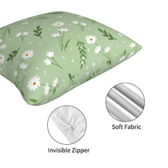Hidden zipper and fabric close-up on short-pile plush polyester pillow cover with white daisies and leafy sprigs on sage