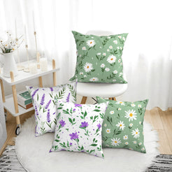 short-pile plush polyester pillow covers with white daisies and purple spring flowers, arranged beside a white chair