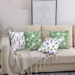 short-pile plush polyester pillow covers with white daisies and purple spring flowers, styled on a cream sofa
