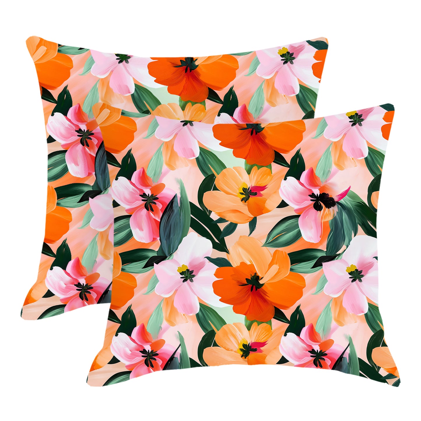 HOSTECCO Abstract Floral Throw Pillow Covers 18x18 inch Set of 2 Pink Orange Flower Pillow Cases Summer Decorative Cushion Covers for Sofa Couch