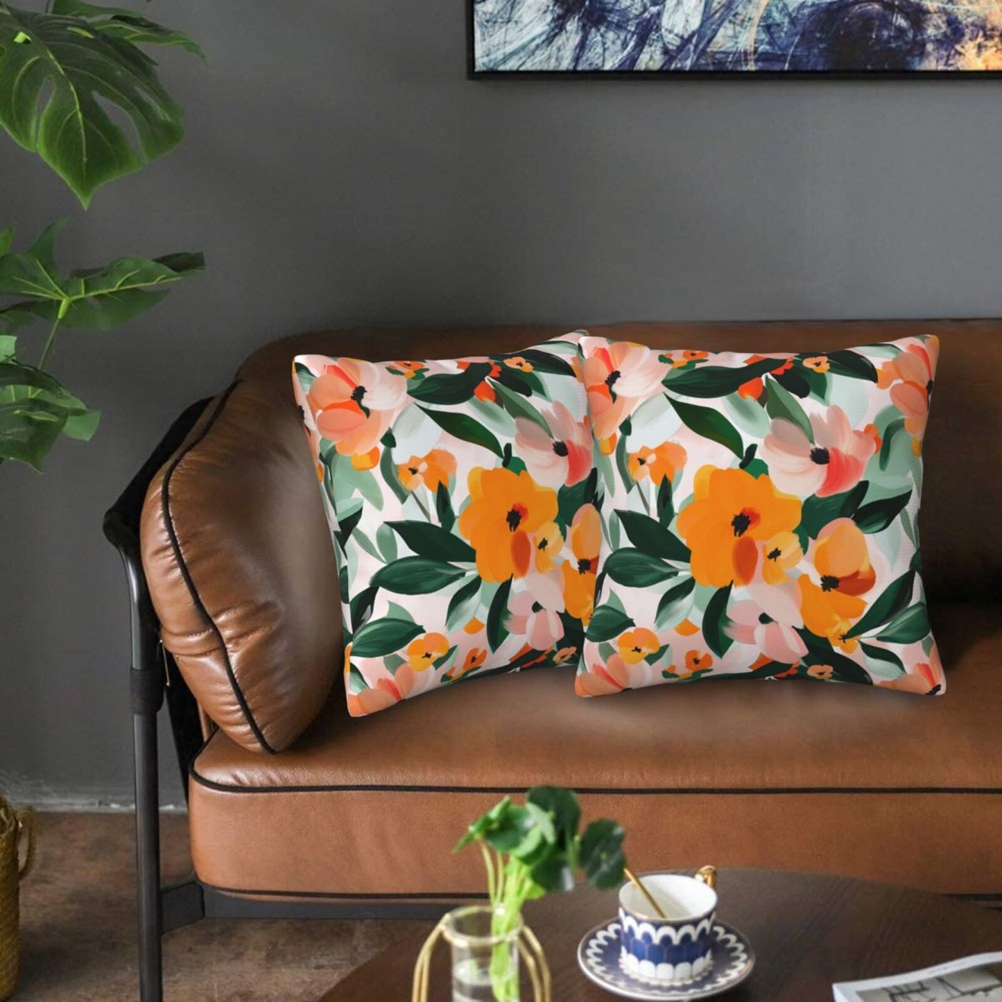 HOSTECCO Abstract Floral Throw Pillow Covers 18x18 inch Set of 2 Boho Orange Flower Pillow Cases Summer Decorative Cushion Covers for Sofa Couch