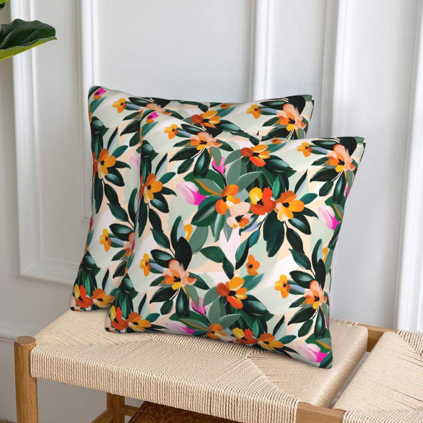 HOSTECCO Abstract Floral Throw Pillow Covers 18x18 inch Set of 2 Summer Flower Pillow Cases Farmhouse Decorative Cushion Covers for Sofa Couch