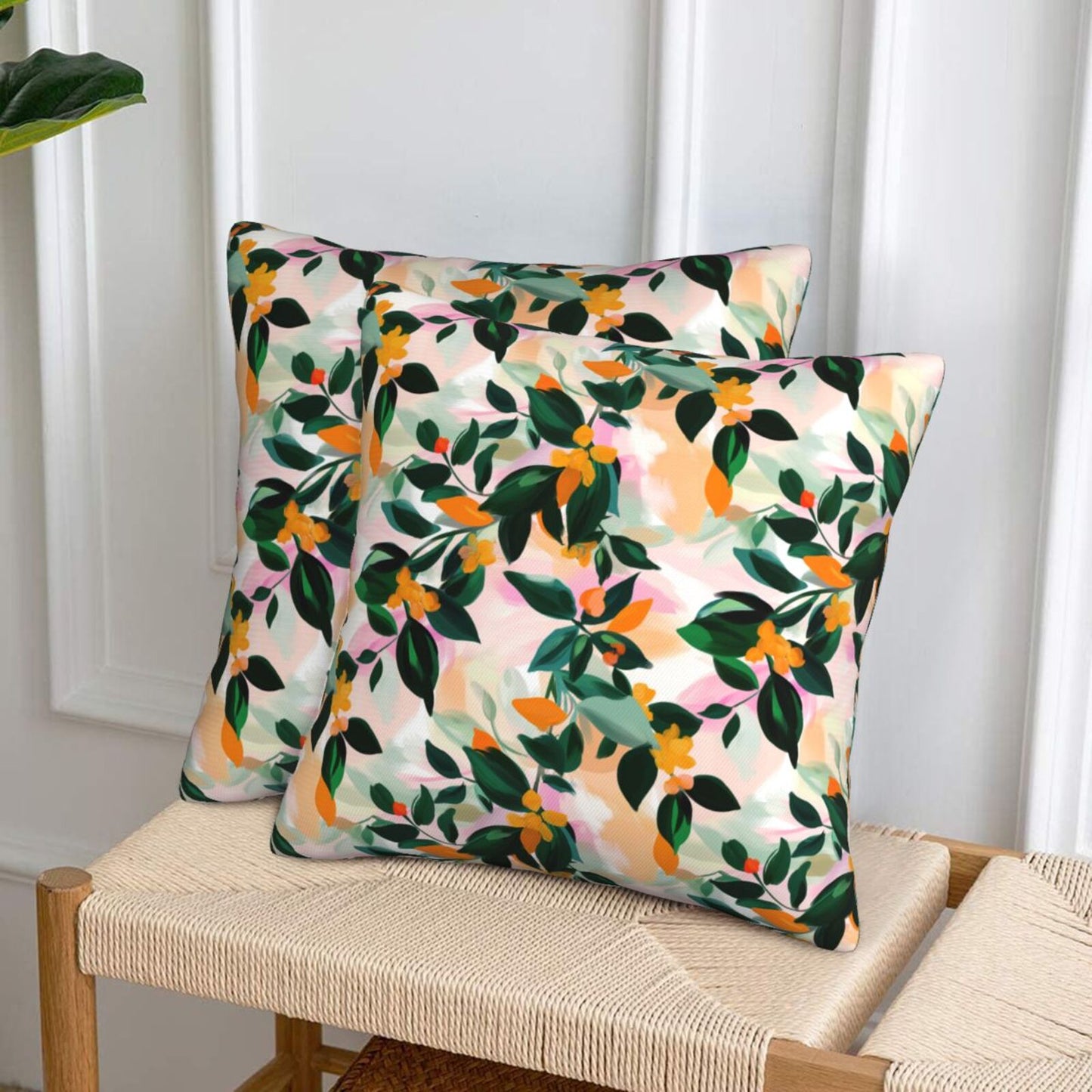 HOSTECCO Abstract Floral Cushion Covers 45x45 cm Set of 2 Summer Orange Flower Cushion Cases Farmhouse Decorative Pillow Covers for Sofa Couch