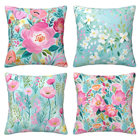 HOSTECCO Spring Floral Throw Pillow Covers 18x18 inch Set of 4 Pink Teal Blue Pillow Cases Watercolor Art Decorative Cushion Covers for Sofa Couch