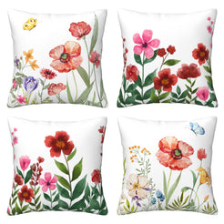 Set of four short-pile plush pillow covers with watercolor wildflowers and butterflies