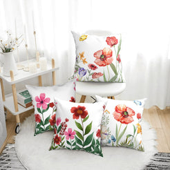 Short-pile plush pillow covers with watercolor wildflowers and butterflies, styled in a bright room