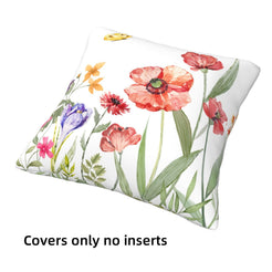 Short-pile plush pillow cover with red poppies and meadow flowers, shown without an insert