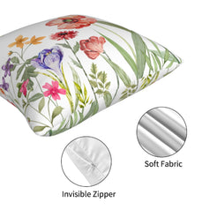 Close-up of hidden zipper detail on short-pile plush pillow cover with red poppies and meadow flowers